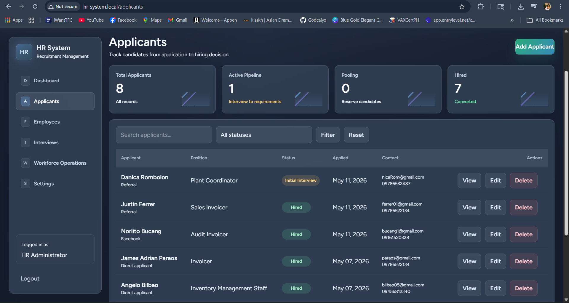 Applicants management screen in the HR system