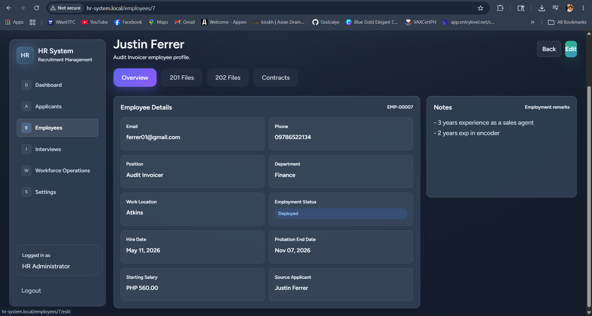 Employee profile page in the HR system