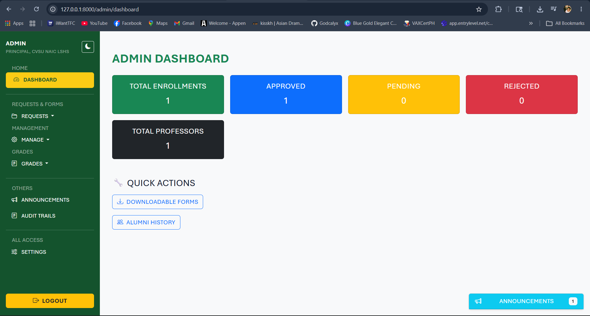 Admin dashboard screen for the LSHS Online Management Information System