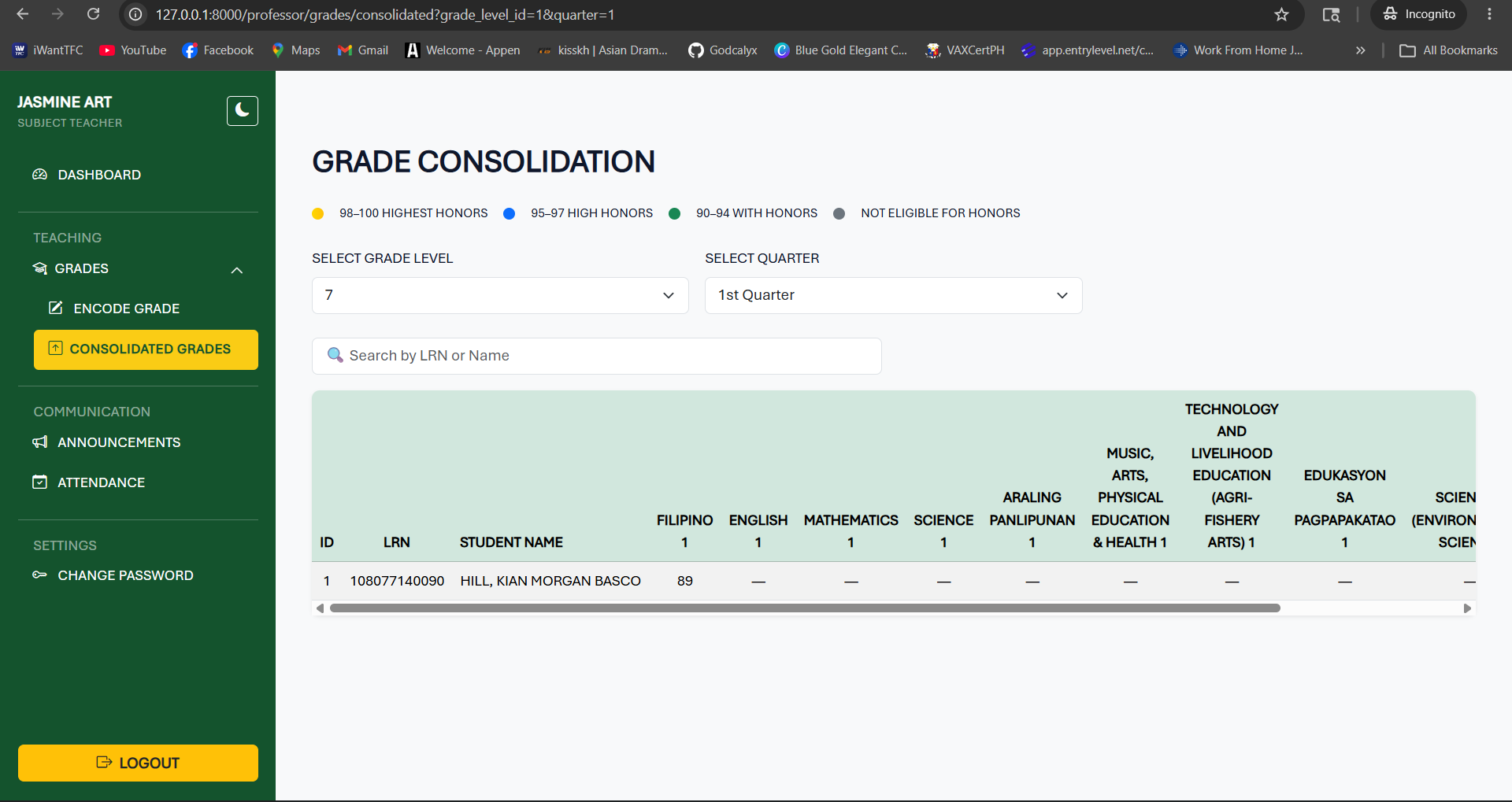 Grade consolidation screen in the LSHS Online Management Information System