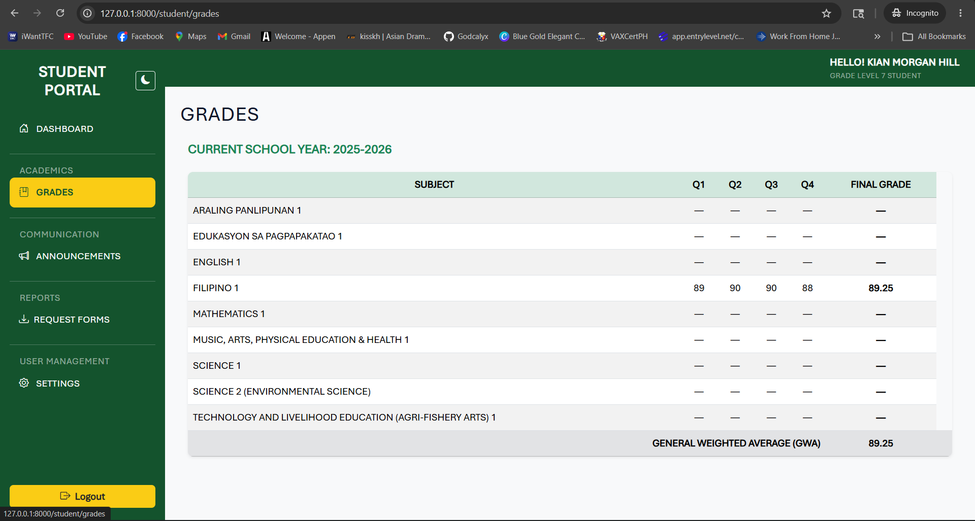 Grades page showing student academic records in the LSHS system