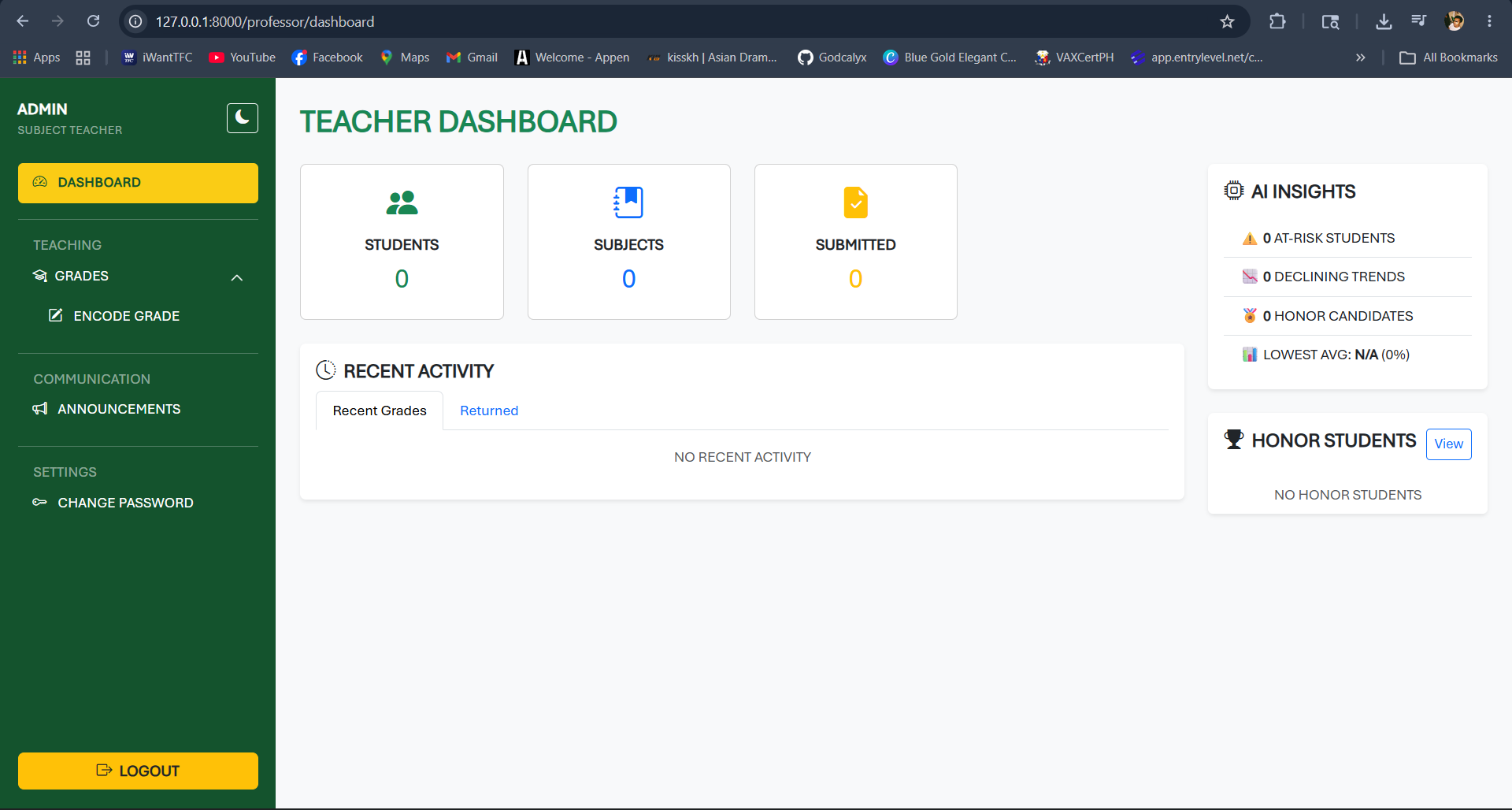 Teacher dashboard screen for the LSHS Online Management Information System