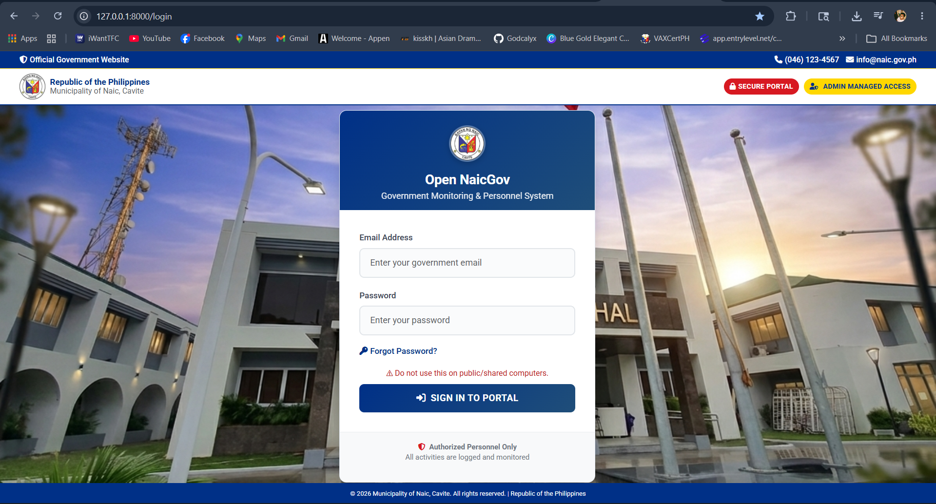Login screen for the Naic-OpenGov platform