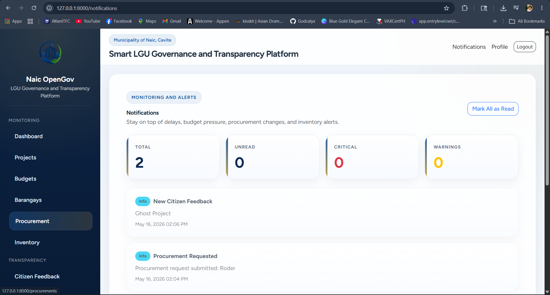 Notification screen in the Naic-OpenGov platform